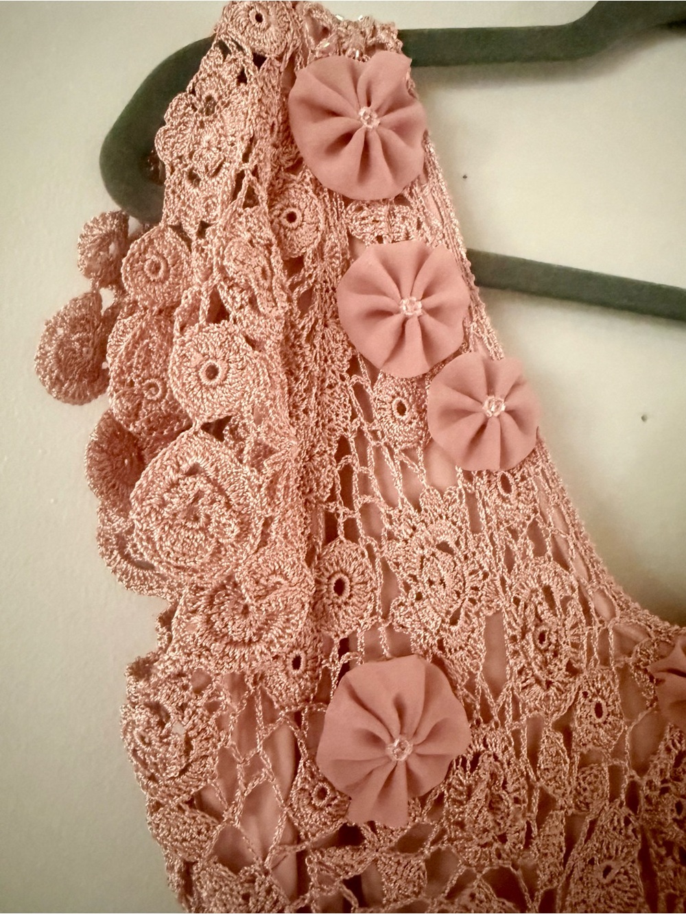 Vintage Cartise Lined Crochet Lace Maxi Dress Dusty Pink Y2K Rosette Gown S-L